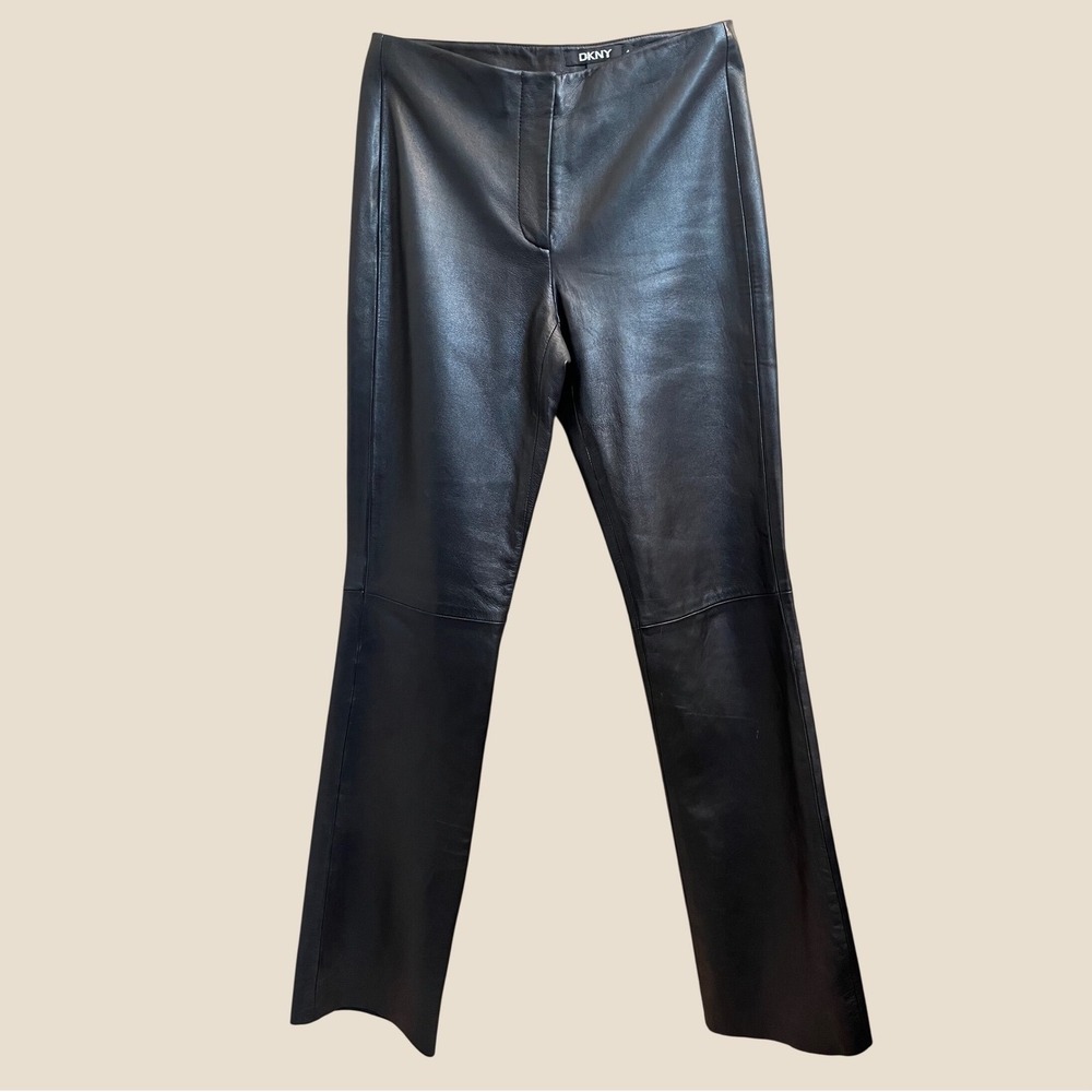 DKNY Leather Pants Womens 4 Black High Rise Straight Leg Trousers Zip Fly